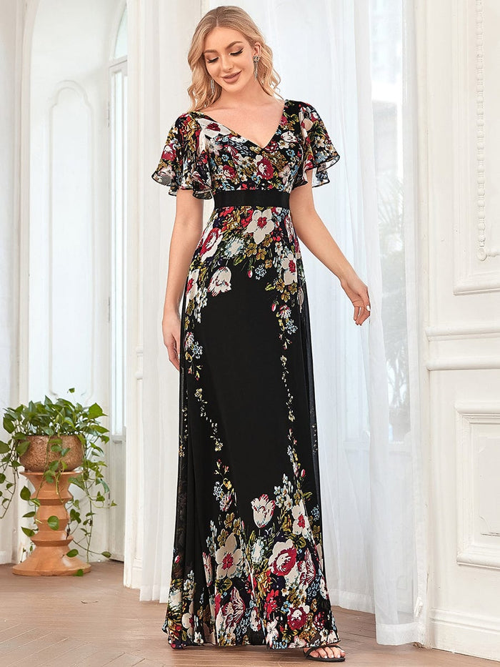 Floral Print Sheer Flutter Sleeve V-Neck Evening Dress - Ever-Pretty US