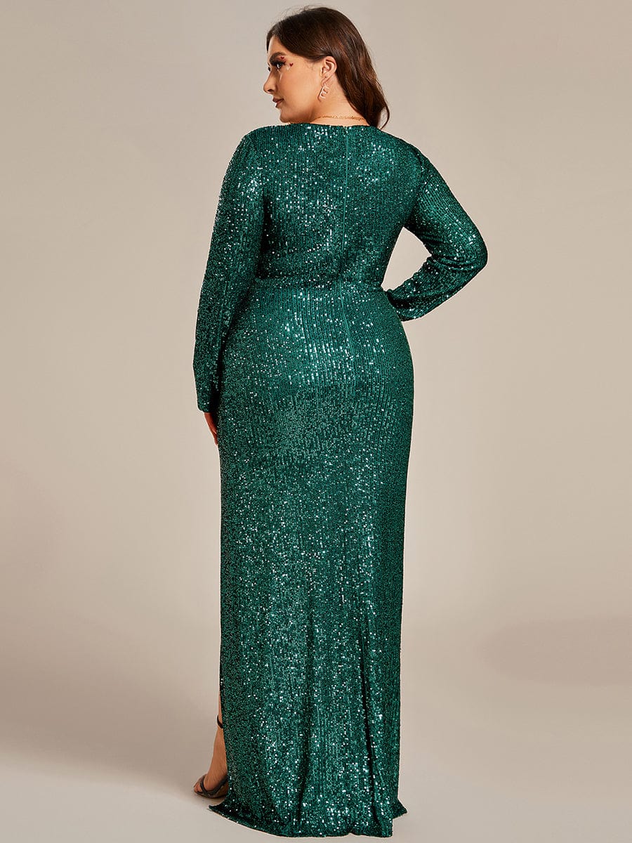 Plus Size Dazzling Sequin V-Neck Long Sleeves Bodycon High Slit Evening Dress  #color_Dark Green