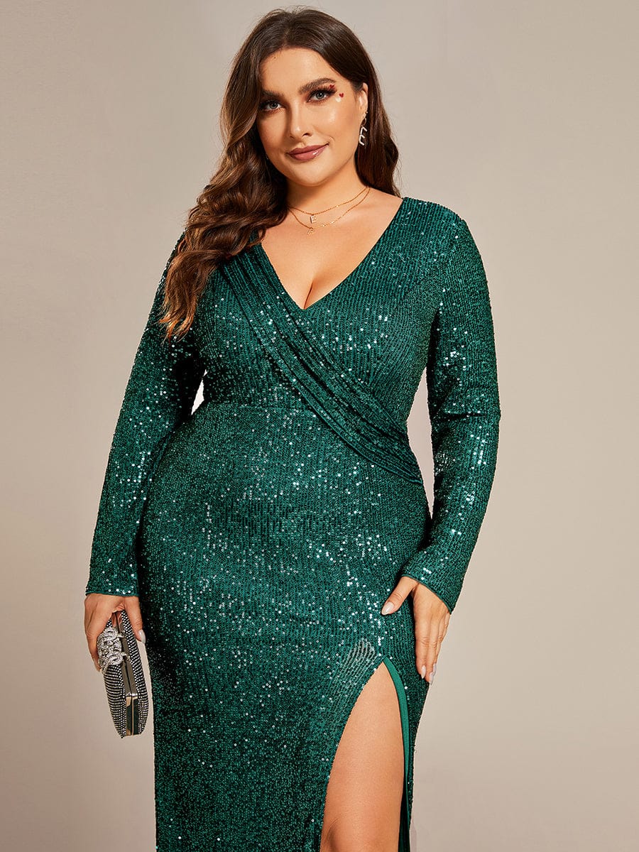 Sparkling Sequin V-Neck Long Sleeves Thigh-High Slit Evening Dress