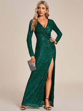 Sparkling Sequin V-Neck Long Sleeves Thigh-High Slit Evening Dress