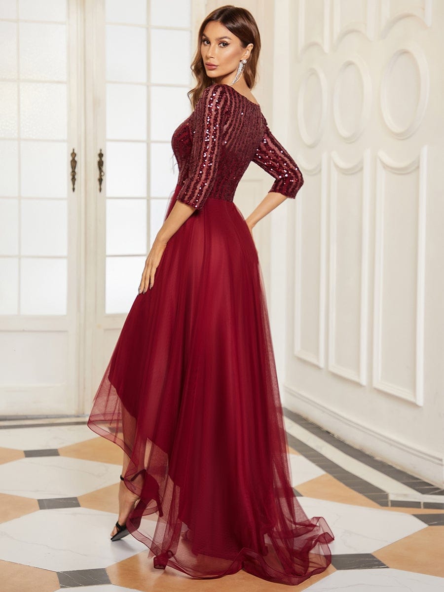 3/4 Sleeve Sheer Sequin Stripe High Low Hem Evening Dress #color_Burgundy