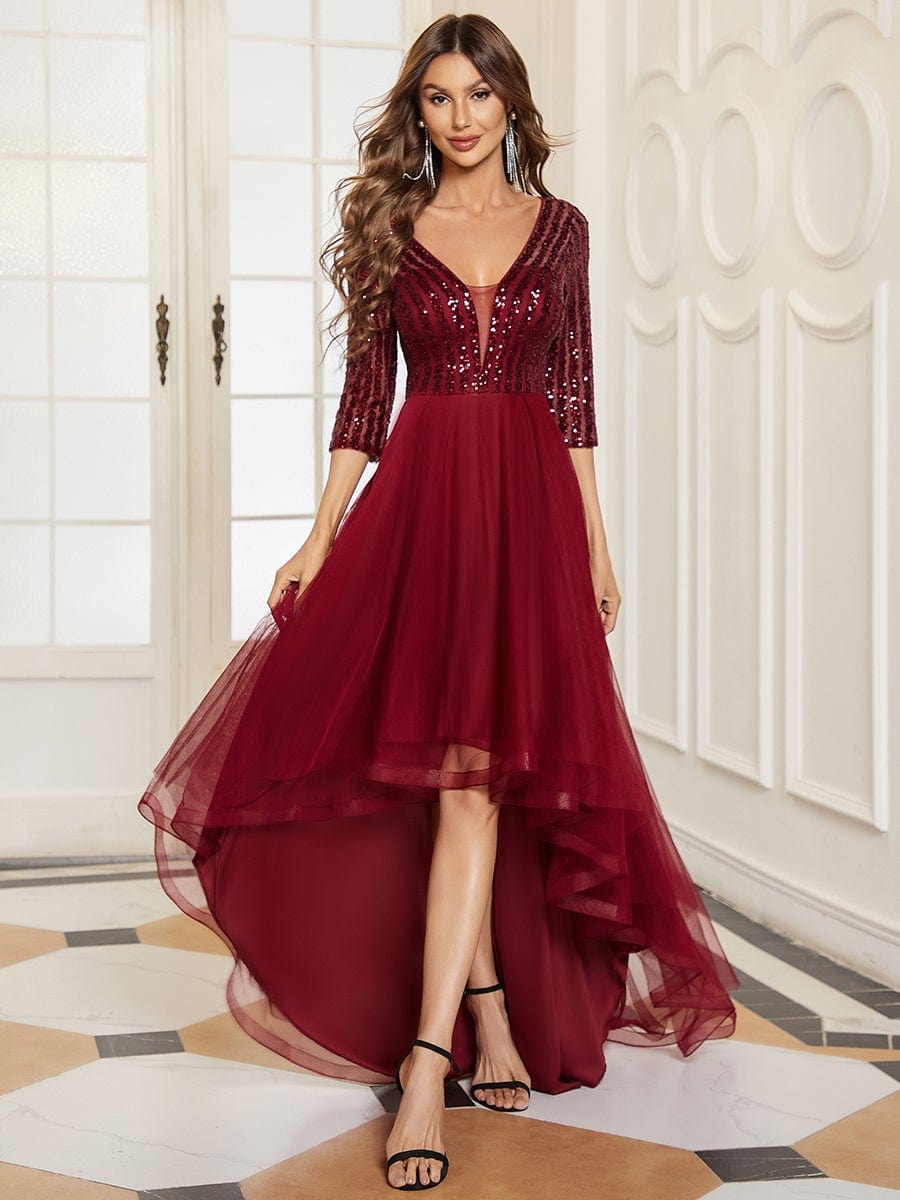 3/4 Sleeve Sheer Sequin Stripe High Low Hem Evening Dress #color_Burgundy