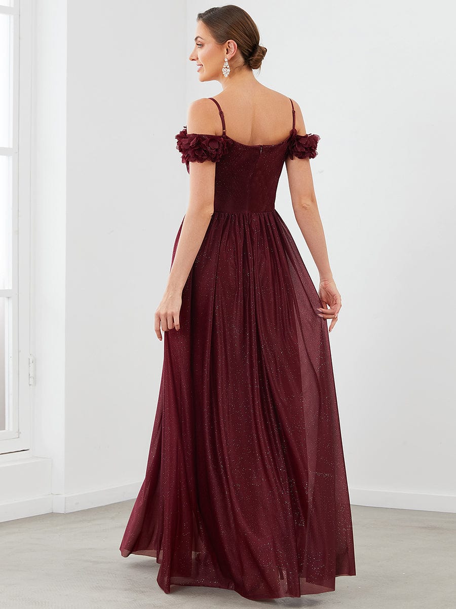 Sparkling Off-Shoulder Floral V-Neck Evening Dress #color_Burgundy 