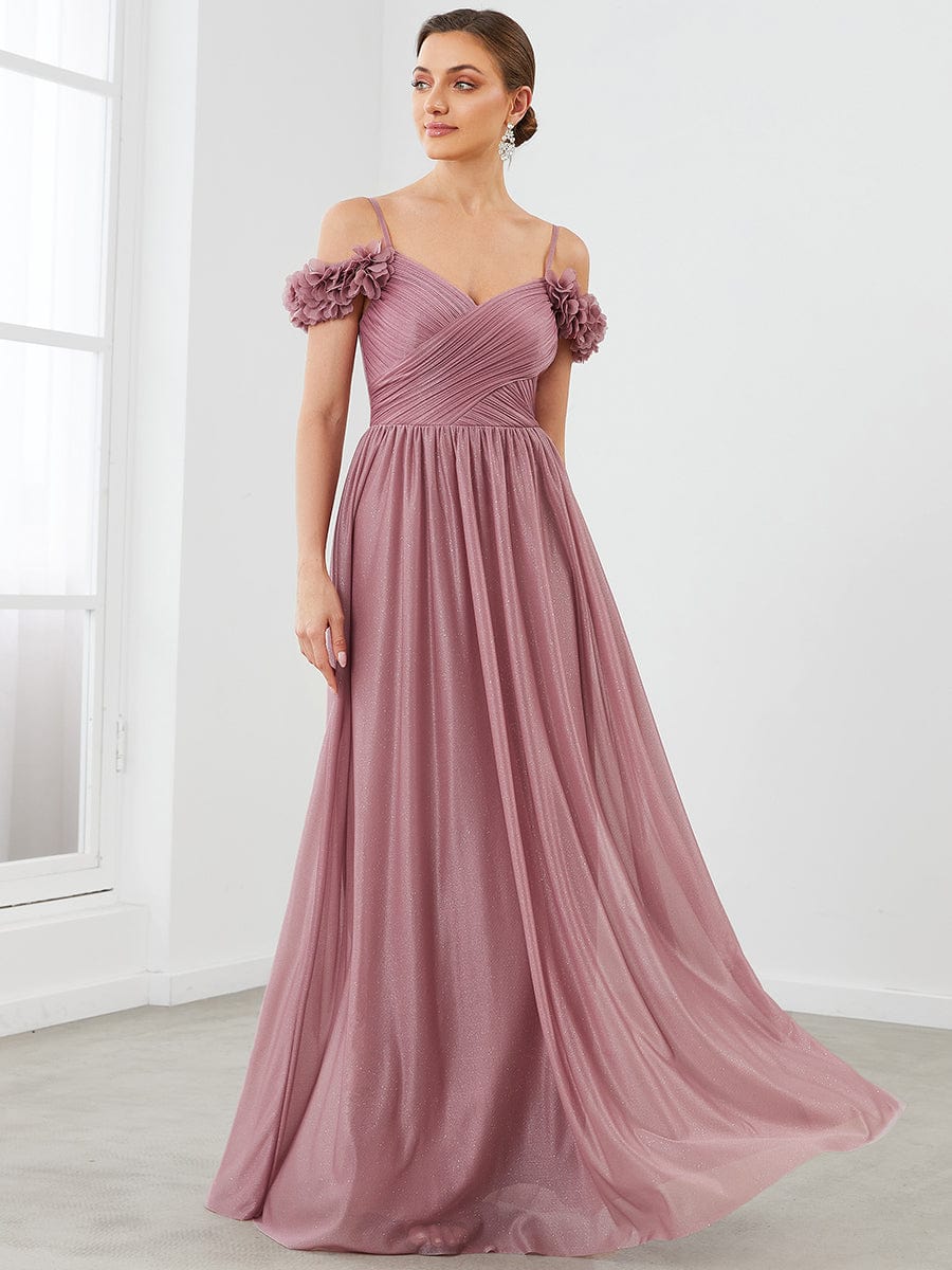 Sparkling Off-Shoulder Floral V-Neck Evening Dress