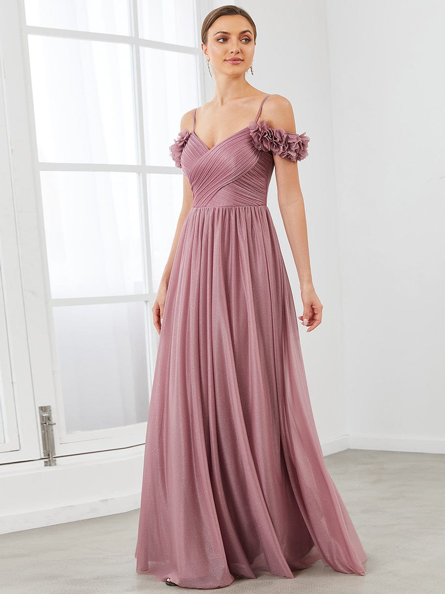 Sparkling Off-Shoulder Floral V-Neck Evening Dress