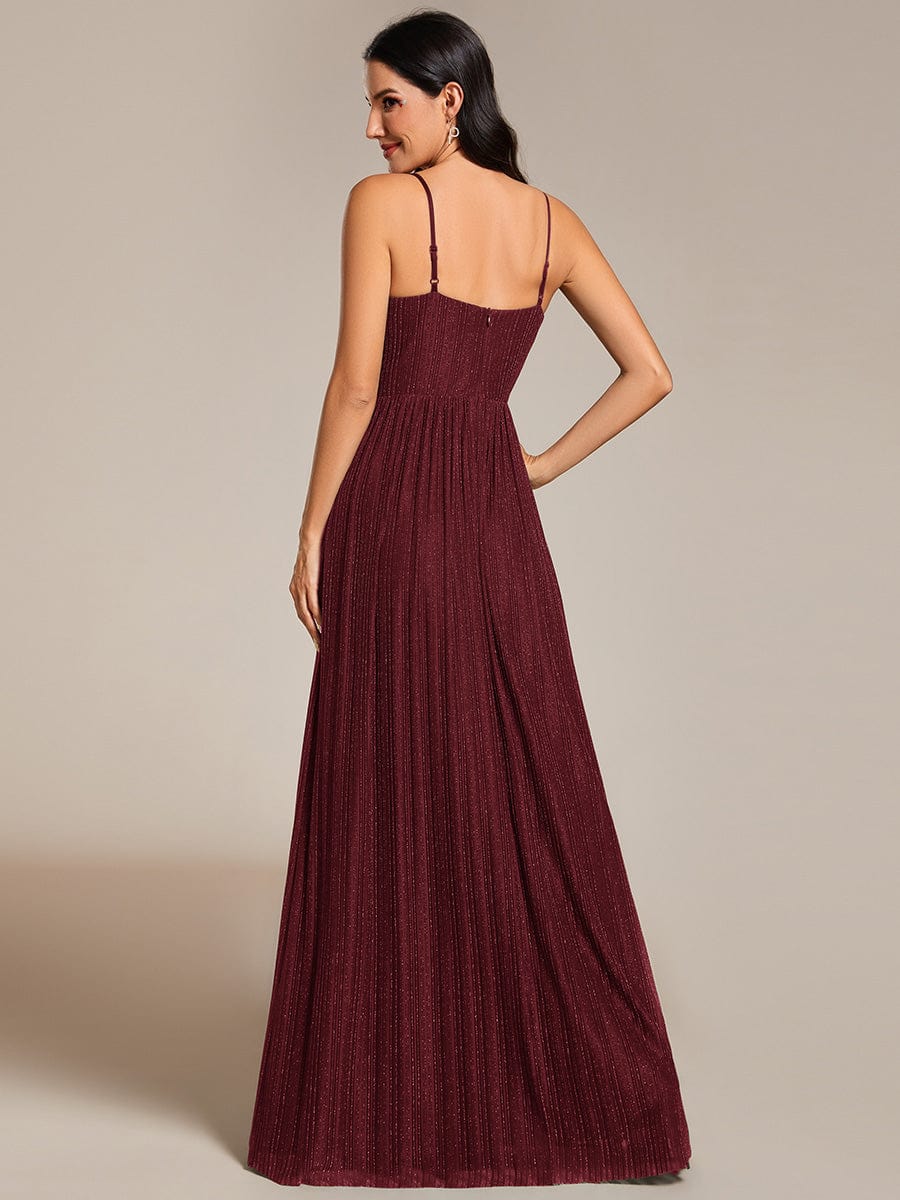 High-Waisted Glittering Spaghetti Straps Evening Dress with Pleated #color_Burgundy