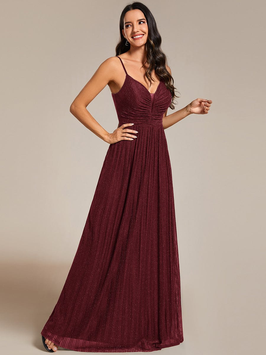 High-Waisted Glittering Spaghetti Straps Formal Evening Dress with Pleated
