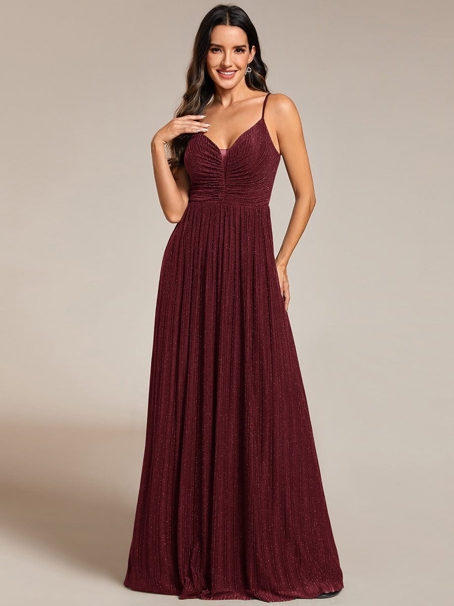 High-Waisted Glittering Spaghetti Straps Evening Dress with Pleated #color_Burgundy