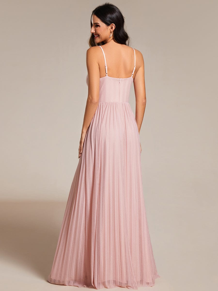 High-Waisted Glittering Spaghetti Straps Evening Dress with Pleated #color_Pink