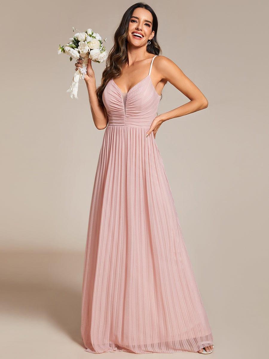 High-Waisted Glittering Spaghetti Straps Evening Dress with Pleated #color_Pink