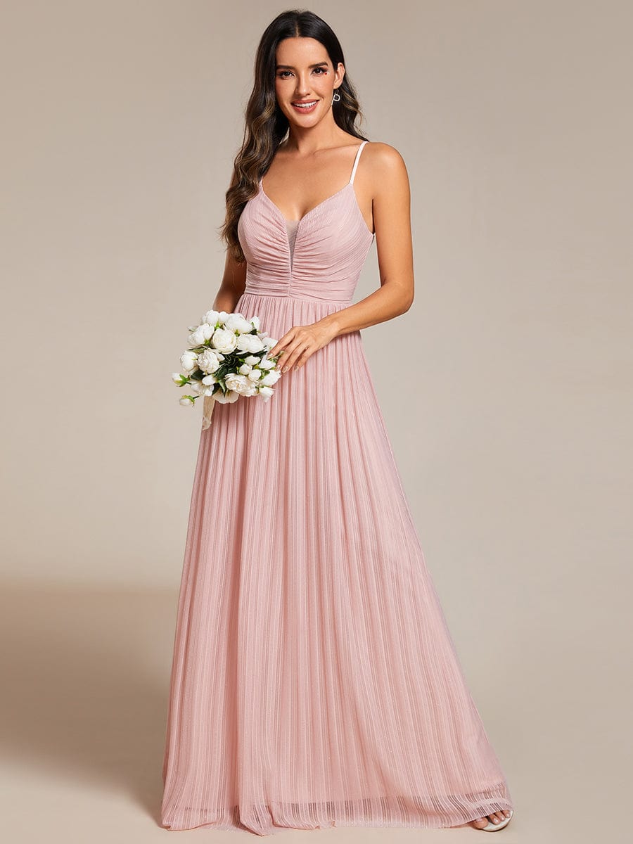 High-Waisted Glittering Spaghetti Straps Evening Dress with Pleated #color_Pink