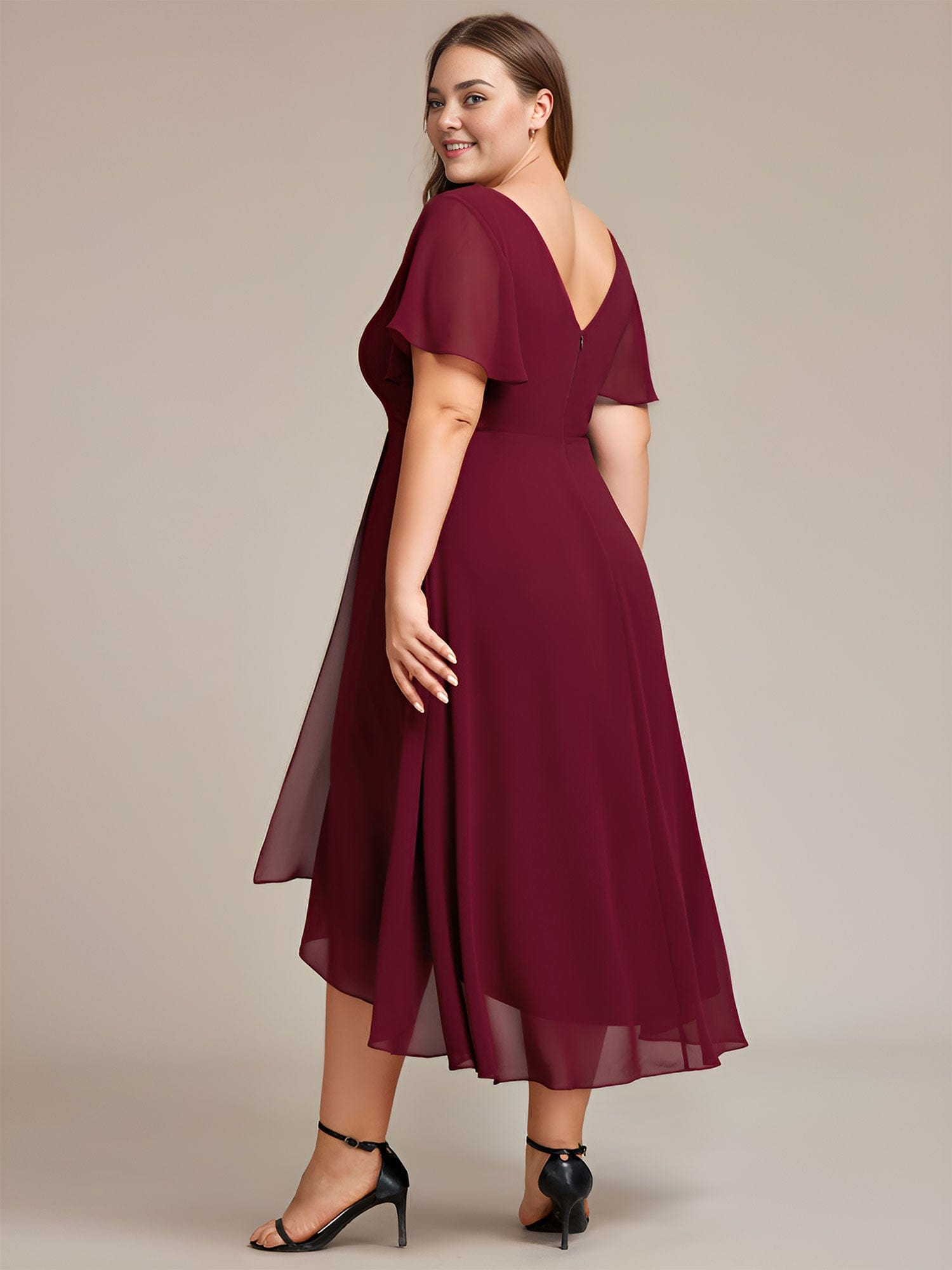 Plus Size Flowing Chiffon V-Neck Ruffle Sleeves Bridesmaid Dress  #color_Burgundy