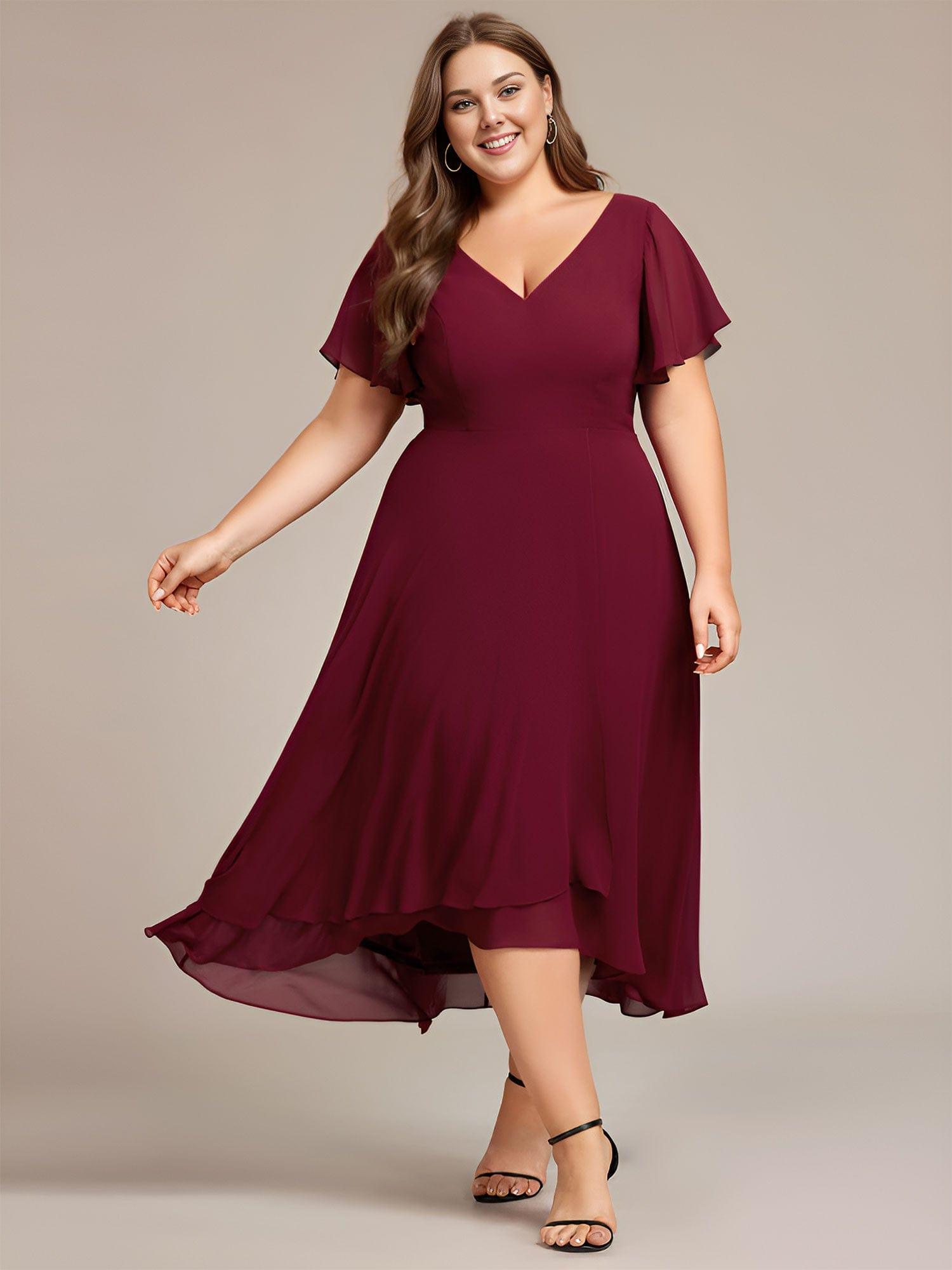 Plus Size Flowing Chiffon V-Neck Ruffle Sleeves Bridesmaid Dress  #color_Burgundy