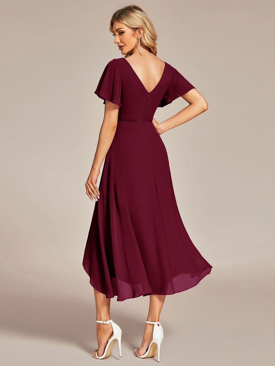 Flowing Chiffon V-Neck Ruffle Sleeves Bridesmaid Dress  #color_Burgundy