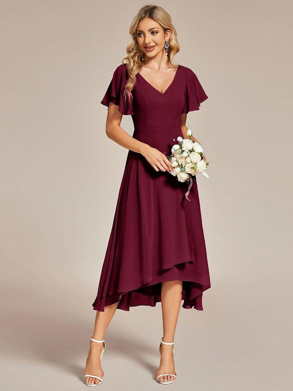 V-neck Flutter Sleeves A-Line Chiffon Ruffle Dress Peach main image 1