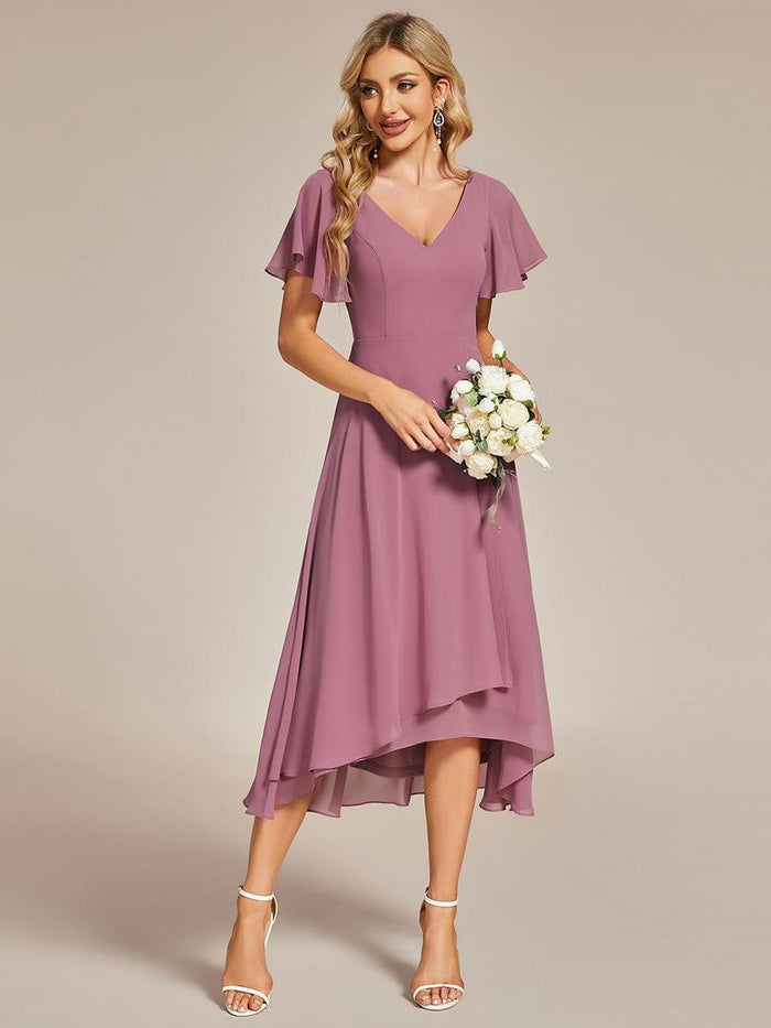 V-neck Flutter Sleeves A-Line Chiffon Ruffle Dress Emerald main image 1