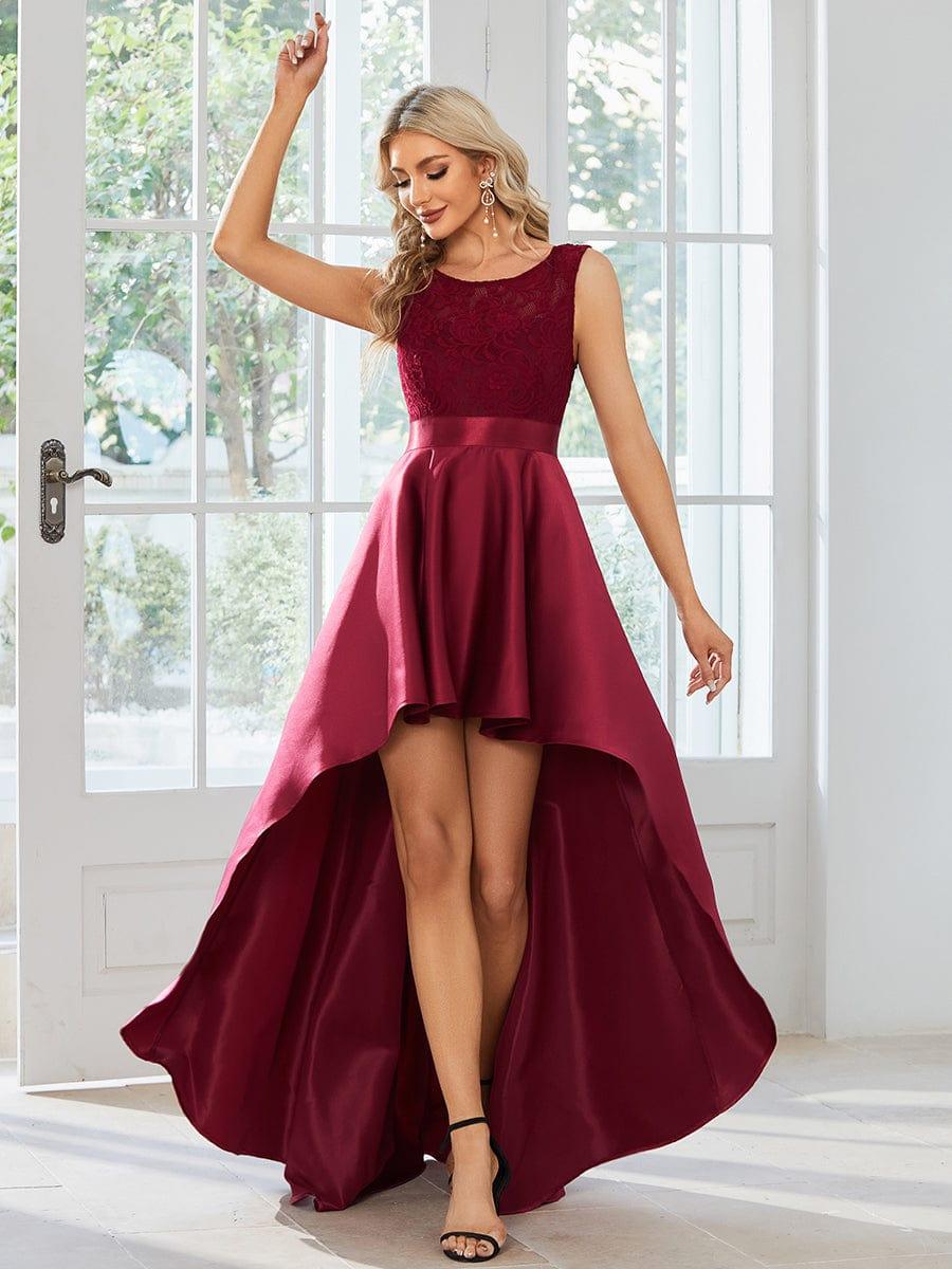 Elegant Sleeveless High low Lace Top Wedding Guest Dress