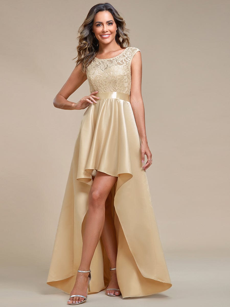 Elegant Sleeveless High-low Lace Top Wedding Guest Dress #color_Rose Gold