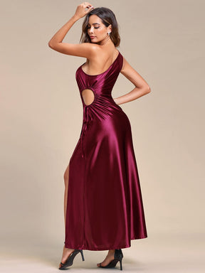 One Shoulder Elastic Side Waistband with Hollow-Out Satin Wedding Guest Dresses