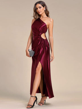 One Shoulder Elastic Side Waistband with Hollow-Out Satin Wedding Guest Dresses