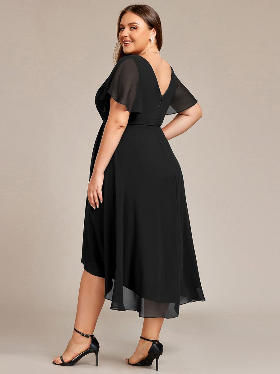 Plus Size Double V-Neck Ruffles Sleeve Chiffon Midi Wedding Guest Dress #color_Black
