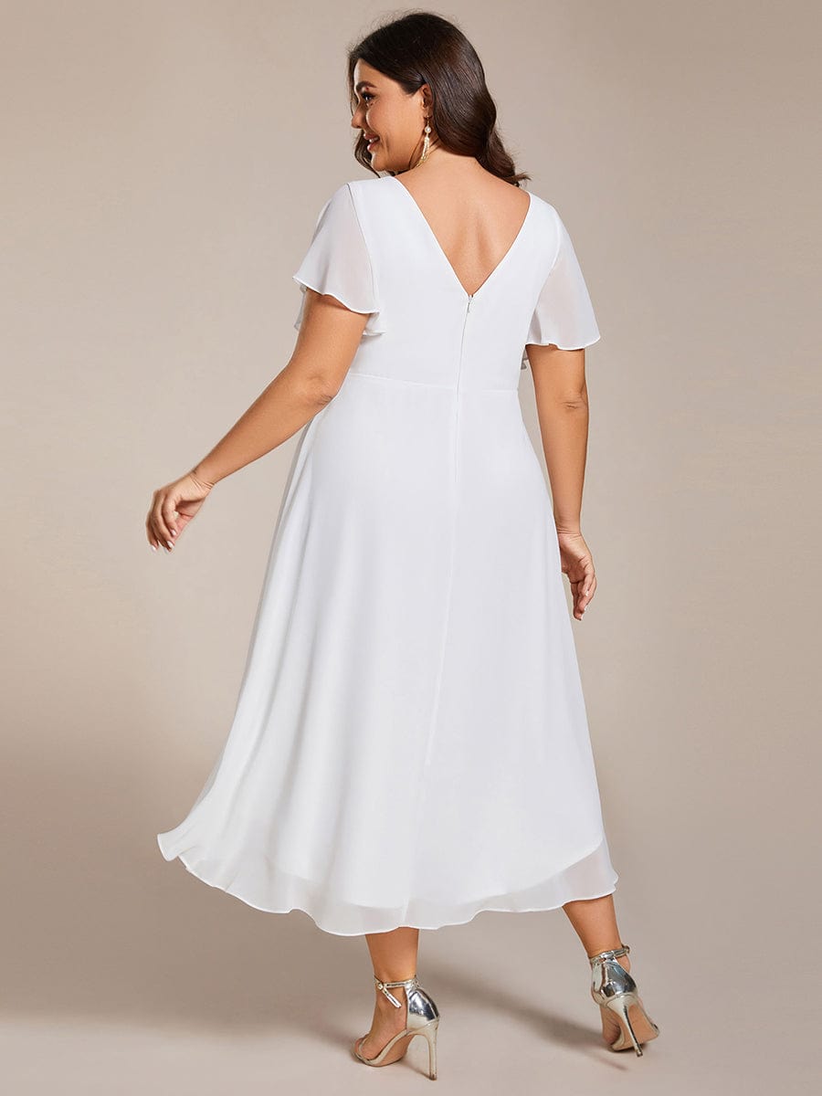 Plus Size Double V-Neck Ruffles Sleeve Chiffon Midi Wedding Guest Dress #color_White