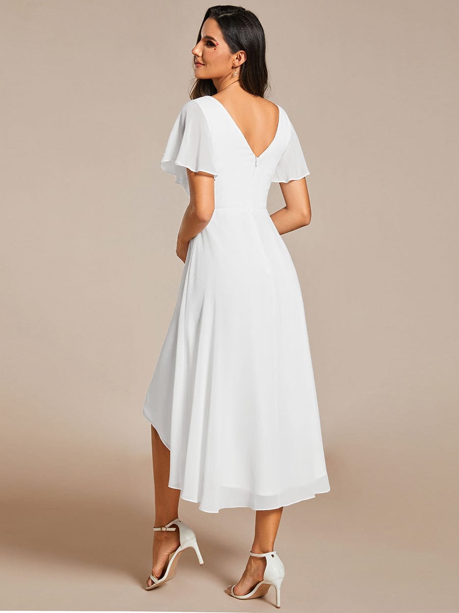 Chic V Neck Asymmetrical Hem Ruffles Sleeve Pleated Chiffon Wedding Guest Dress #color_White