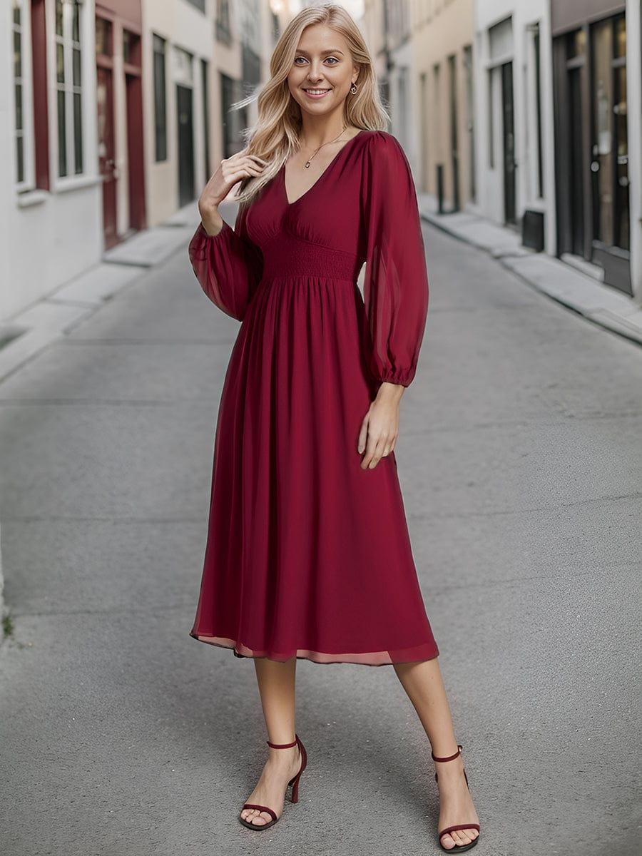 Chiffon V-Neck Long Sleeves Elastic Band Midi Wedding Guest Dress #color_Burgundy
