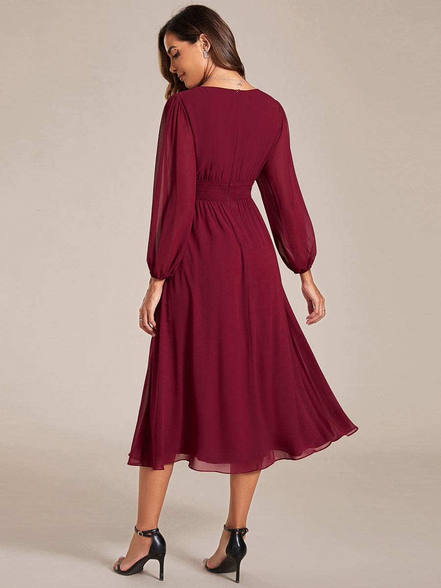 Plus Size Flowy Long Sleeves V-Neck Midi Chiffon Wedding Guest Dress #color_Burgundy