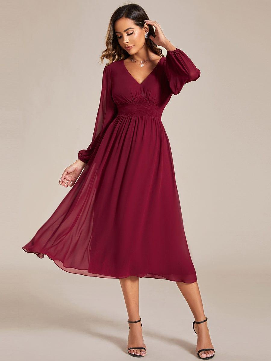 Chiffon V-Neck Long Sleeves Elastic Band Midi Wedding Guest Dress