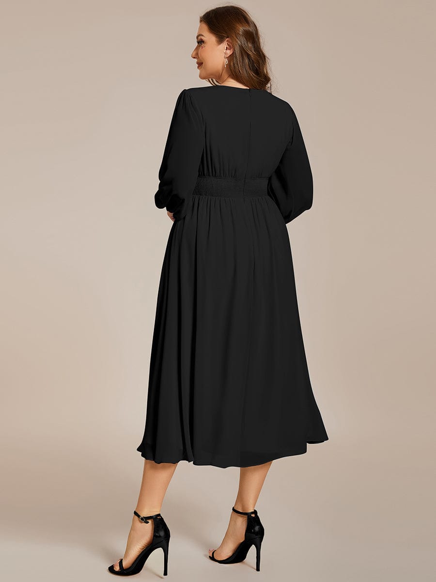 Plus Size Flowy Long Sleeves V-Neck Midi Chiffon Wedding Guest Dress #color_Black