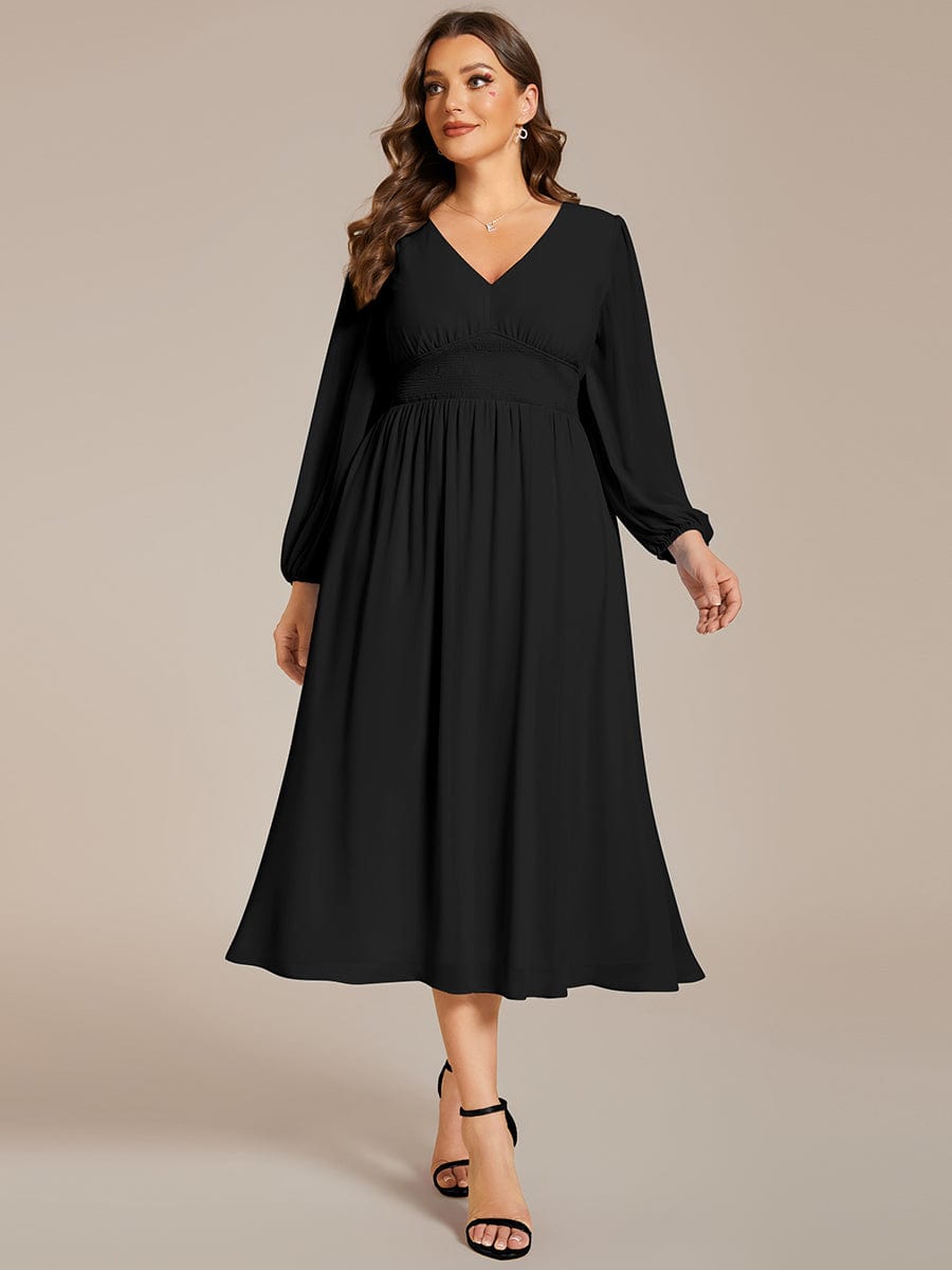Plus Size Flowy Long Sleeves V-Neck Midi Chiffon Wedding Guest Dress #color_Black