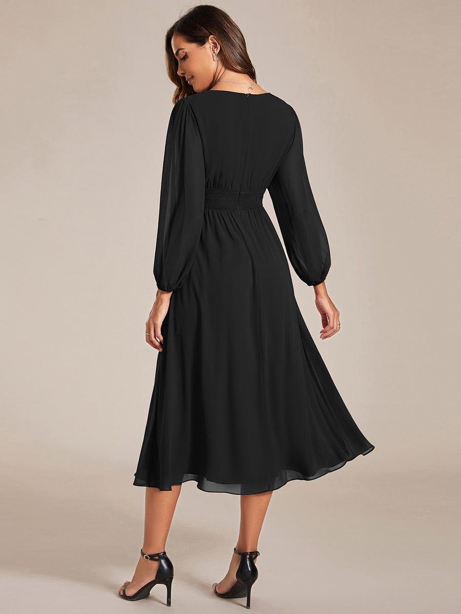 Chiffon V-Neck Long Sleeves Elastic Band Midi Wedding Guest Dress #color_Black