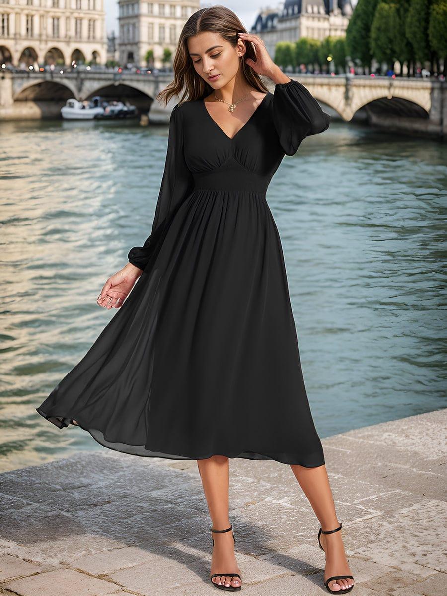 Chiffon V-Neck Long Sleeves Elastic Band Midi Wedding Guest Dress