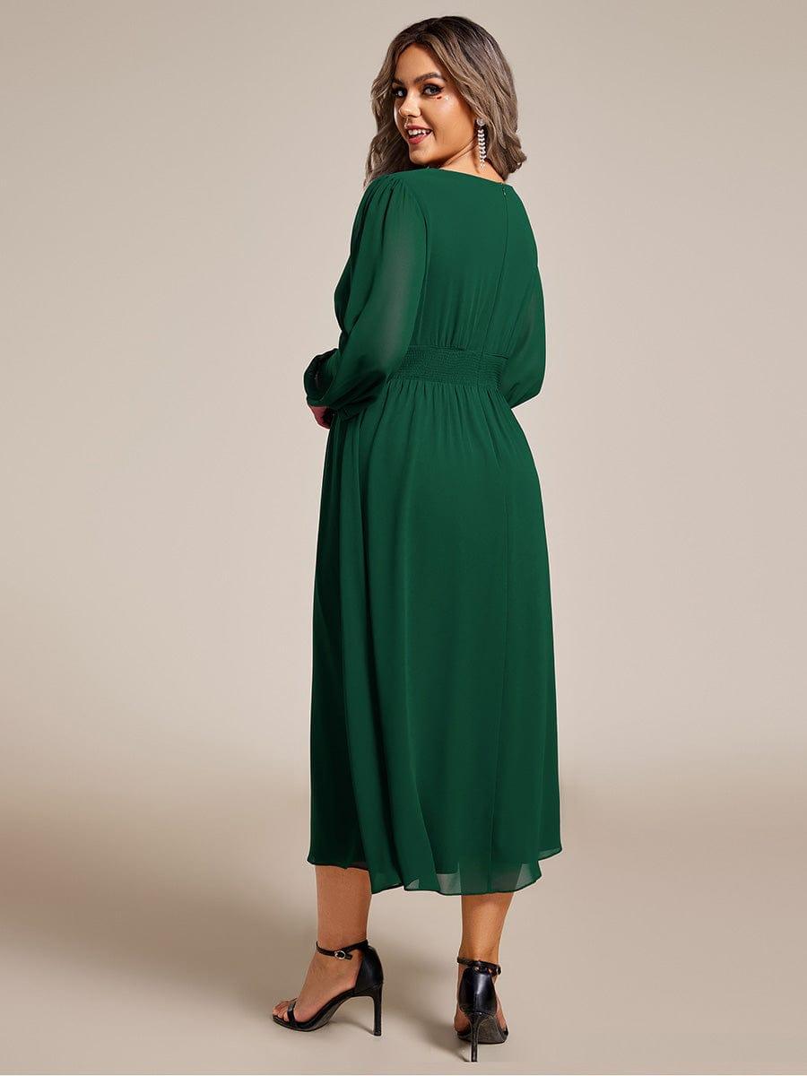 Chiffon V-Neck Long Sleeves Elastic Band Midi Wedding Guest Dress #color_Dark Green