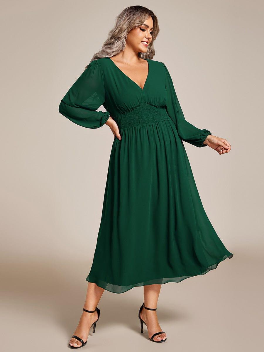Plus Size Flowy Long Sleeves V-Neck Midi Chiffon Wedding Guest Dress #color_Dark Green