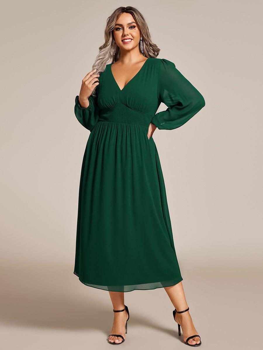 Chiffon V-Neck Long Sleeves Elastic Band Midi Wedding Guest Dress #color_Dark Green