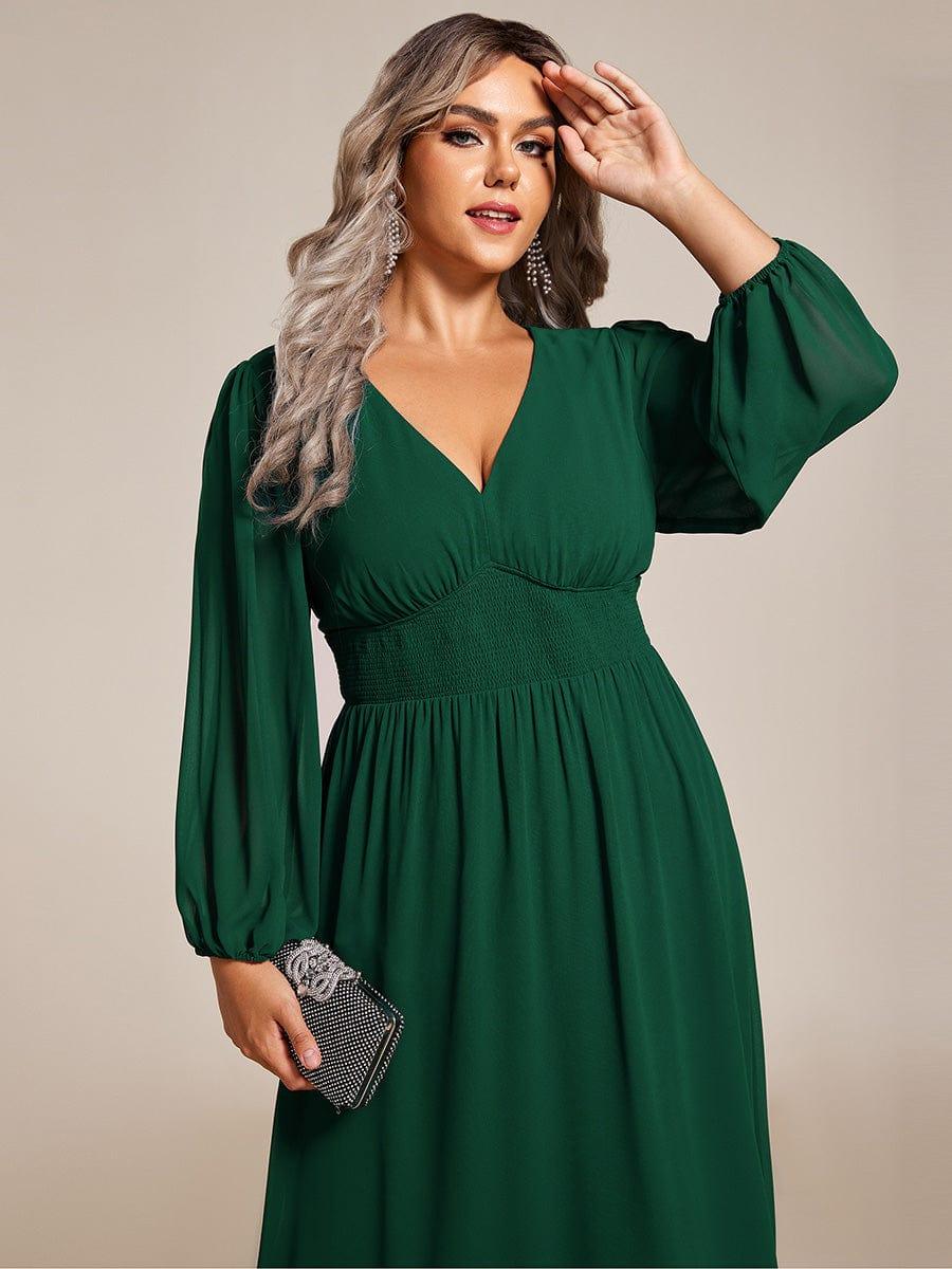 Chiffon V-Neck Long Sleeves Elastic Band Midi Wedding Guest Dress #color_Dark Green
