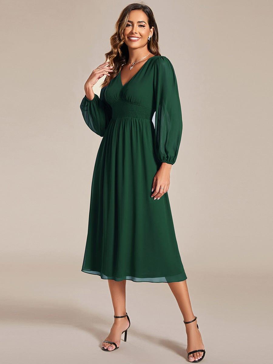 Chiffon V-Neck Long Sleeves Elastic Band Midi Wedding Guest Dress #color_Dark Green