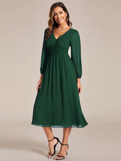 Chiffon V-Neck Long Sleeves Elastic Band Midi Wedding Guest Dress #color_Dark Green