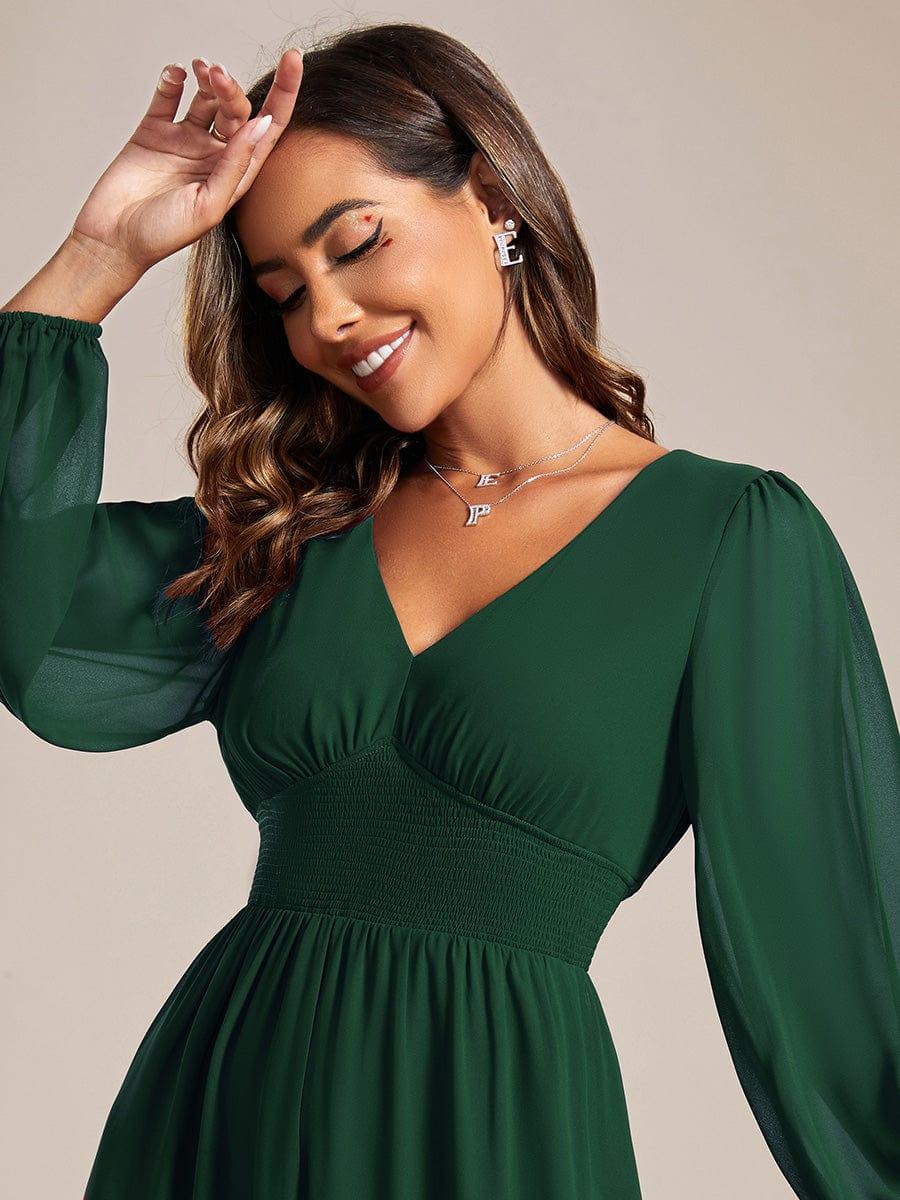 Chiffon V-Neck Long Sleeves Elastic Band Midi Wedding Guest Dress #color_Dark Green