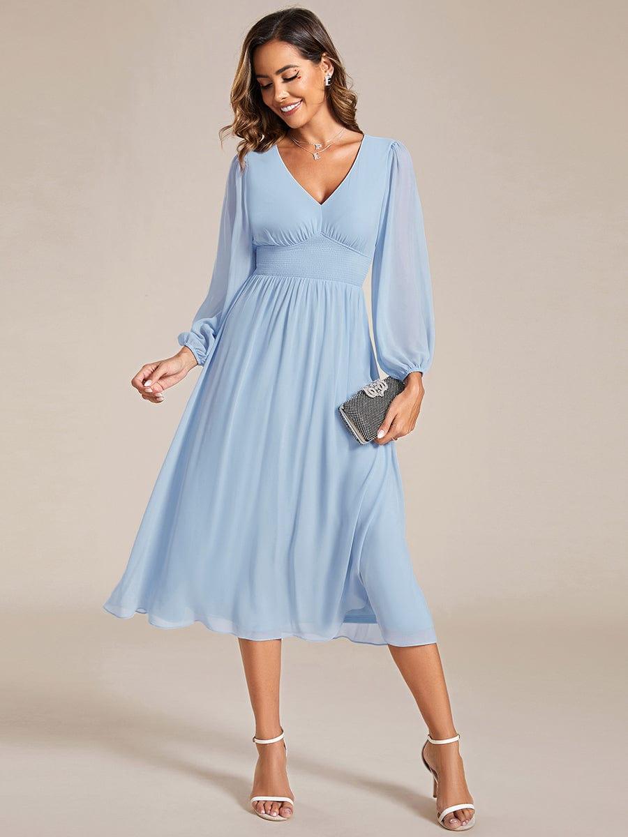 Chiffon V-Neck Long Sleeves Elastic Band Midi Wedding Guest Dress #color_Ice Blue