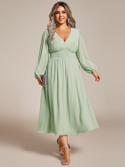 Plus Size Flowy Long Sleeves V-Neck Midi Chiffon Wedding Guest Dress #color_Mint Green