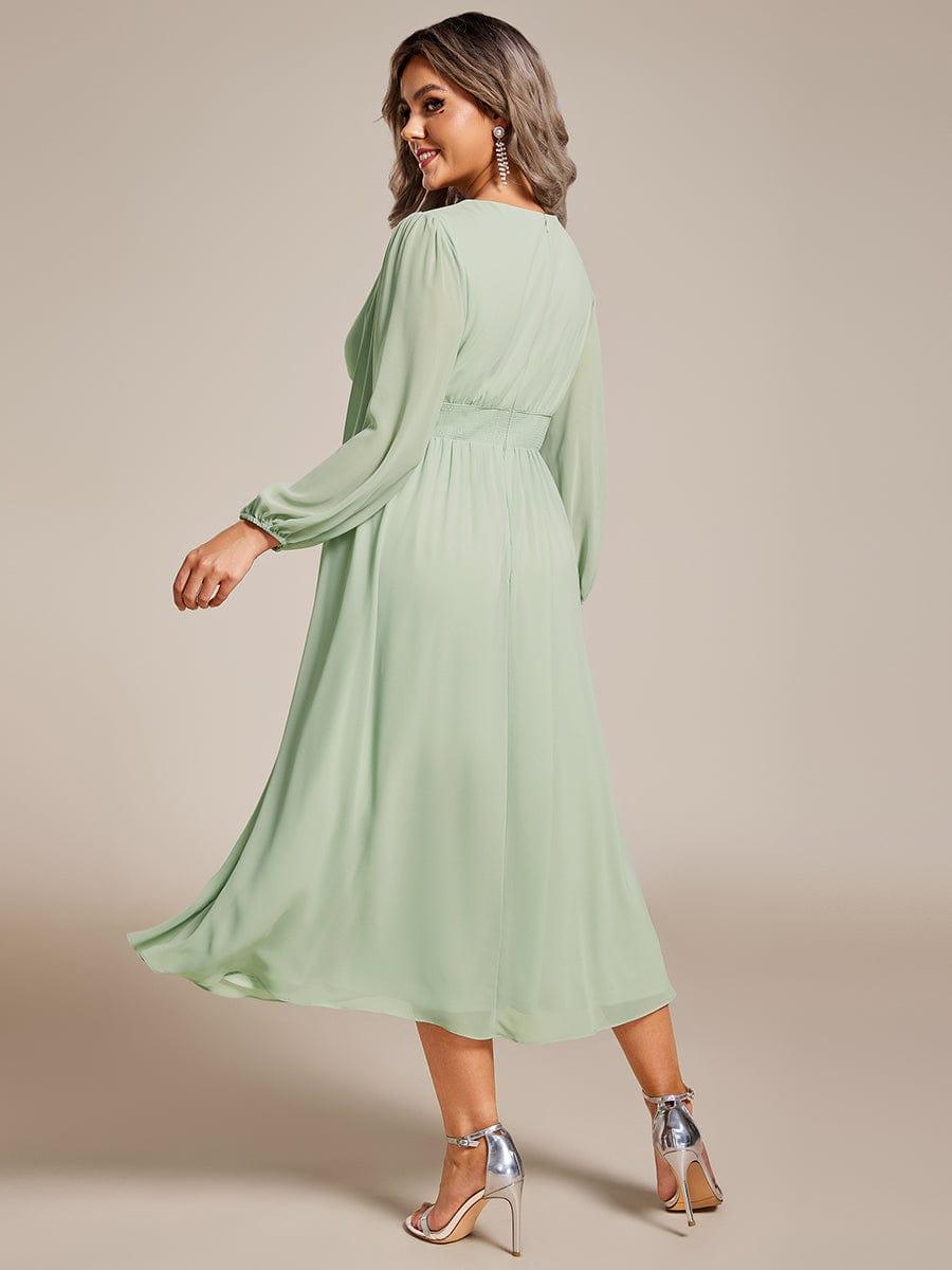 Chiffon V-Neck Long Sleeves Elastic Band Midi Wedding Guest Dress #color_Mint Green