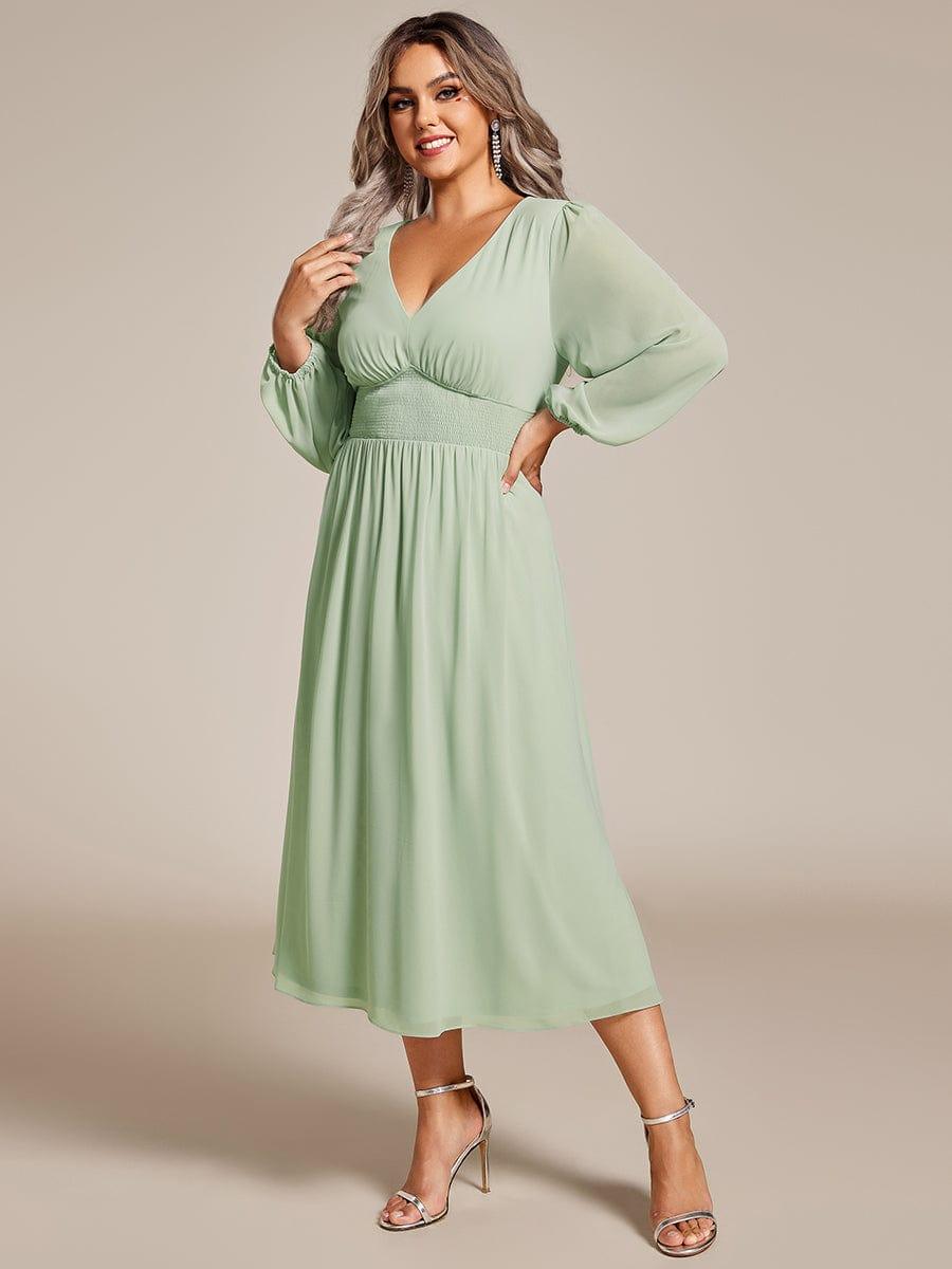 Plus Size Flowy Long Sleeves V-Neck Midi Chiffon Wedding Guest Dress #color_Mint Green