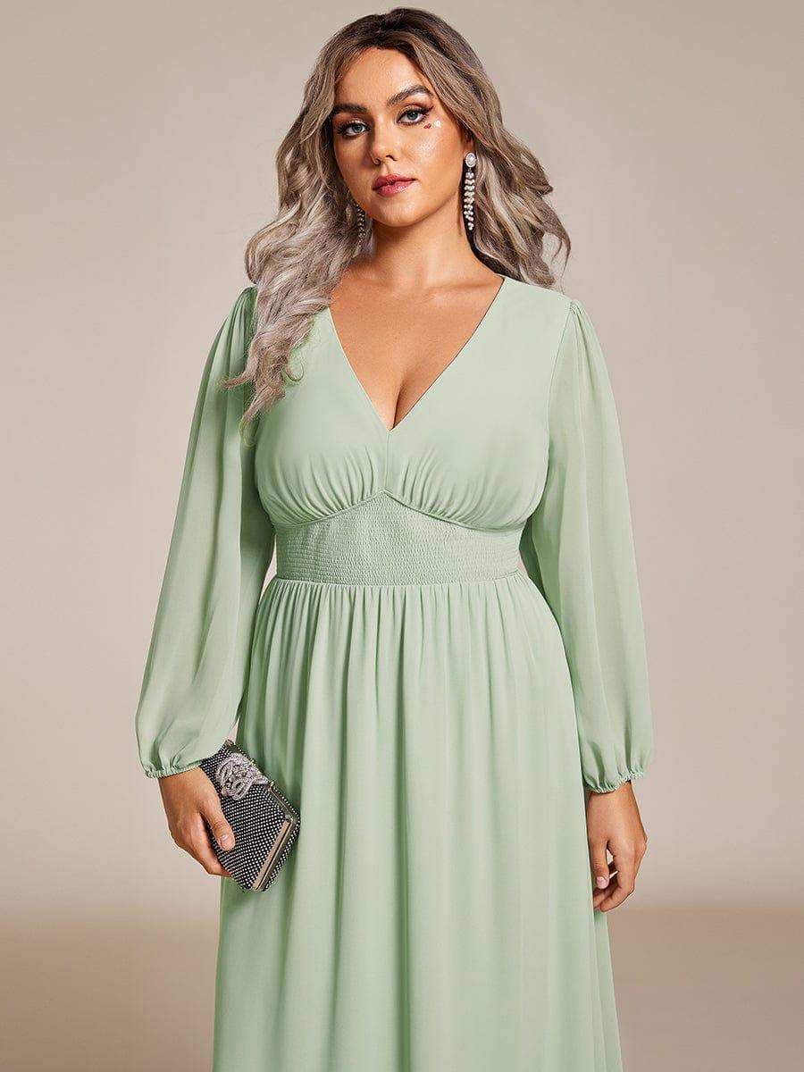 Chiffon V-Neck Long Sleeves Elastic Band Midi Wedding Guest Dress #color_Mint Green