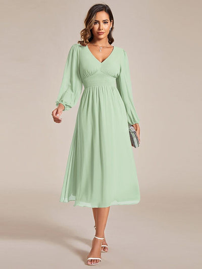 Chiffon V-Neck Long Sleeves Elastic Band Midi Wedding Guest Dress #color_Mint Green