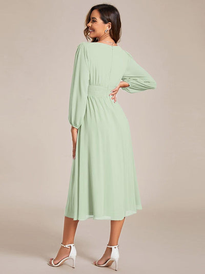 Chiffon V-Neck Long Sleeves Elastic Band Midi Wedding Guest Dress #color_Mint Green
