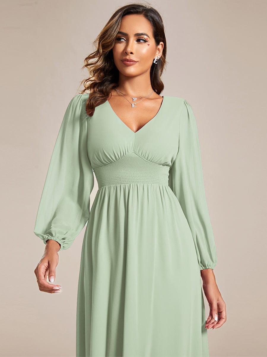 Chiffon V-Neck Long Sleeves Elastic Band Midi Wedding Guest Dress #color_Mint Green