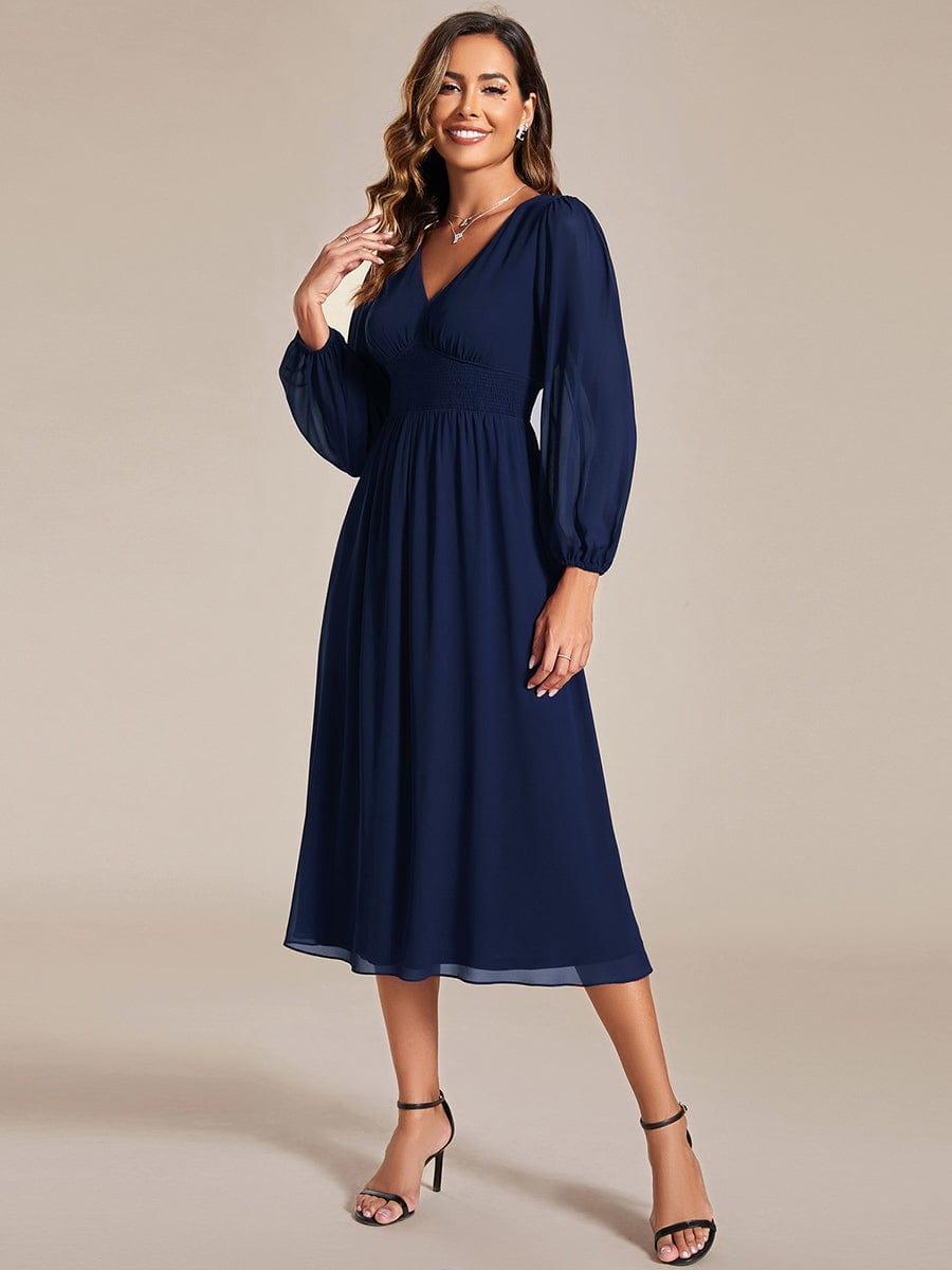 Chiffon V-Neck Long Sleeves Elastic Band Midi Wedding Guest Dress #color_Navy Blue